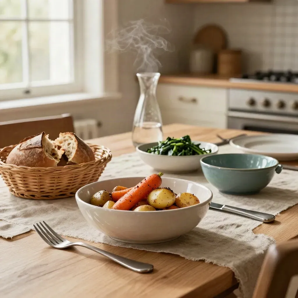 Gezinstafel met schalen, brood, karaf en kindercouverts in warme dinersfeer.