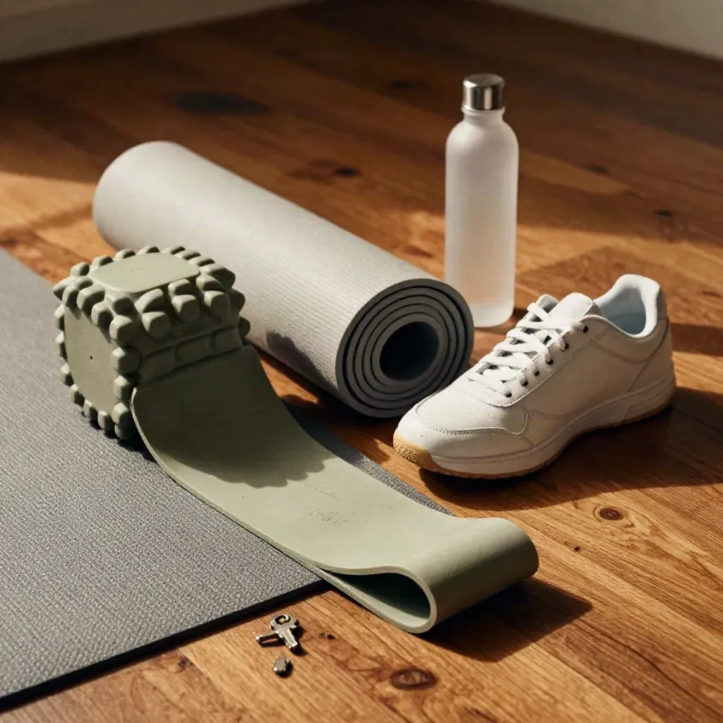 Leefstijlcoach-tools op houten vloer: mat, foamroller, sneaker, band en waterfles in dramatisch licht