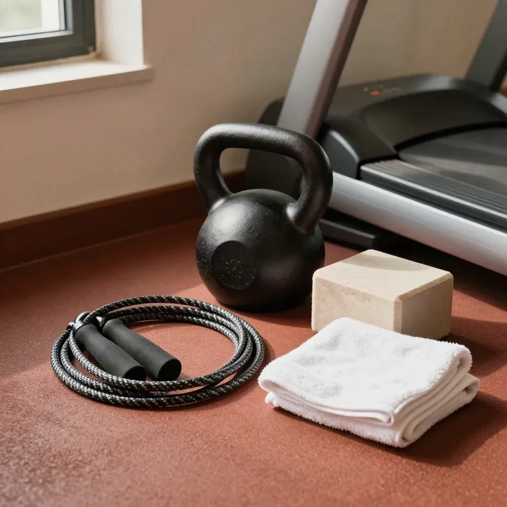 Kettlebell, springtouw, handdoek, foamblok en loopband in een warme trainingshoek.