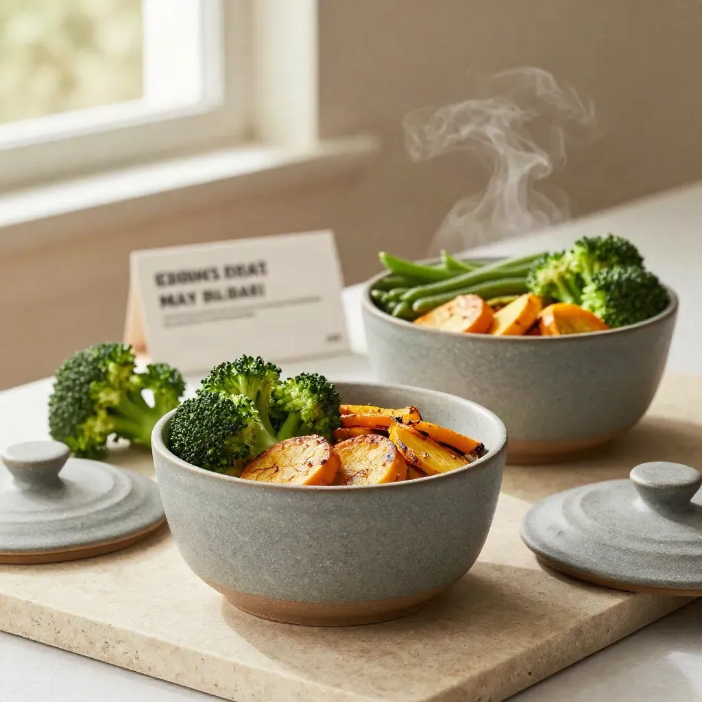 Twee meal-prep kommen met groenten, deksel en stoom op een stenen plaat.