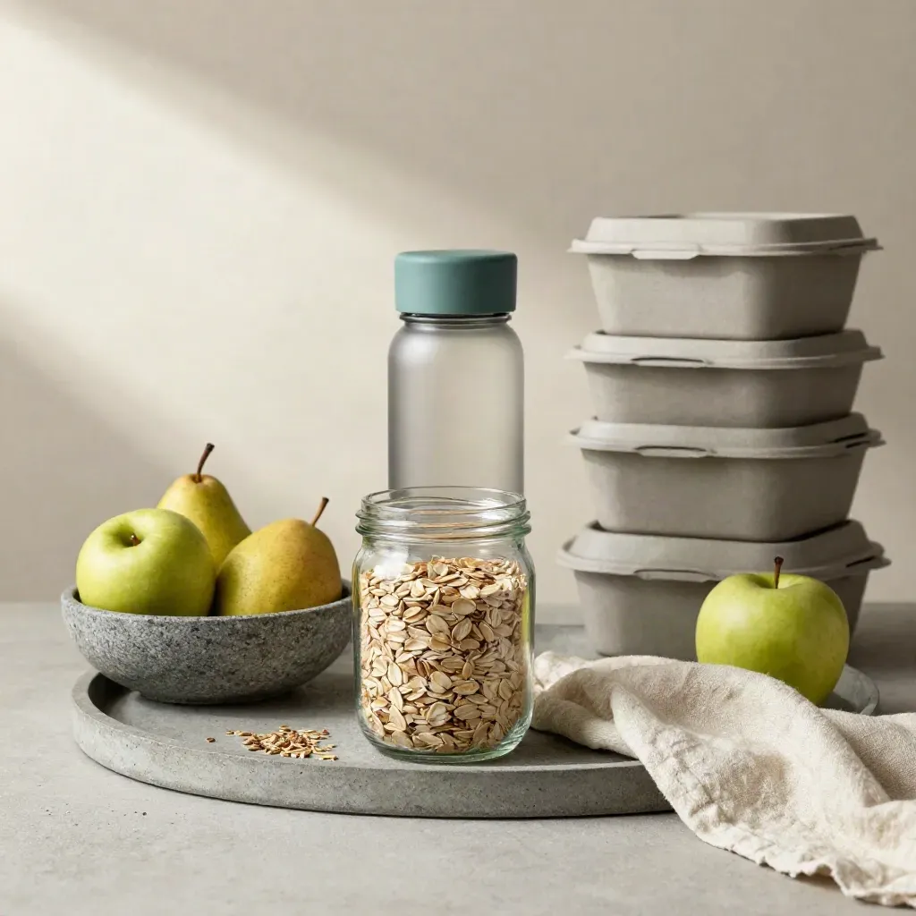 Glazen potten, waterfles, fruitkom en herbruikbare boxen op een stenen tray